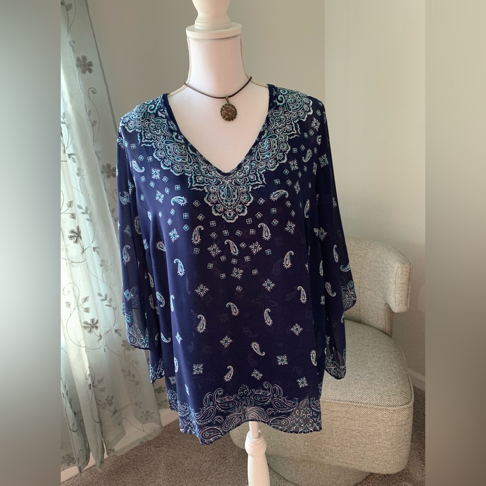 Belle by Kim Gravel Navy Paisley Blouse